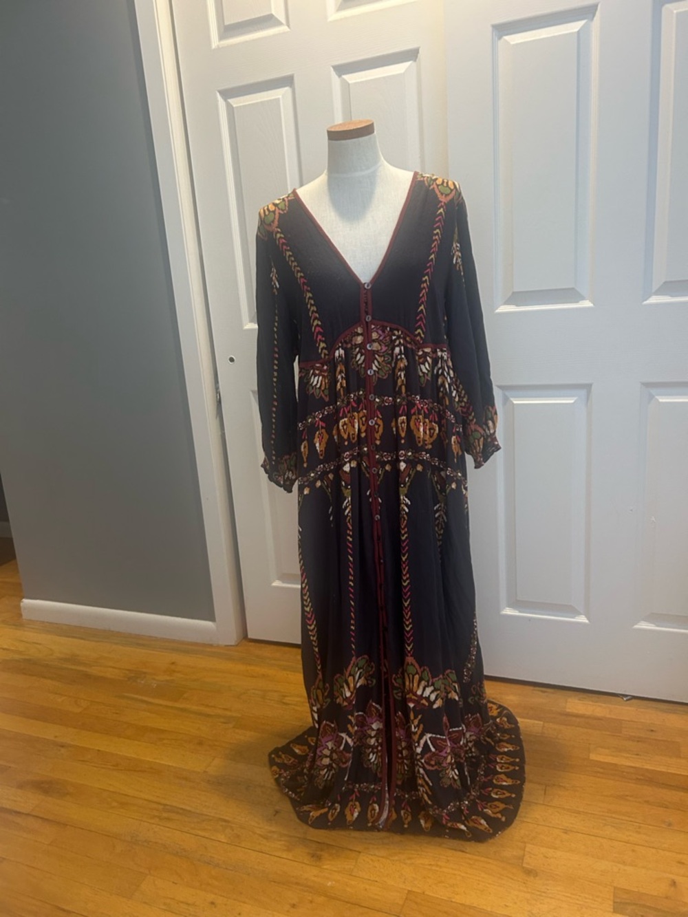 Free People Bohemian Black Floral Maxi Dress with V-Neck
